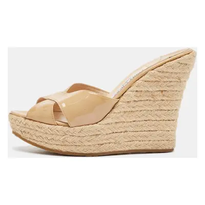 Jimmy Choo Beige Patent Leather Espadrille Wedge Slide Sandals Size