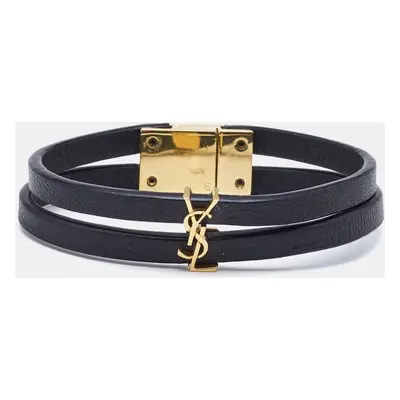 Saint Laurent Paris Black Leather Gold Tone Bracelet