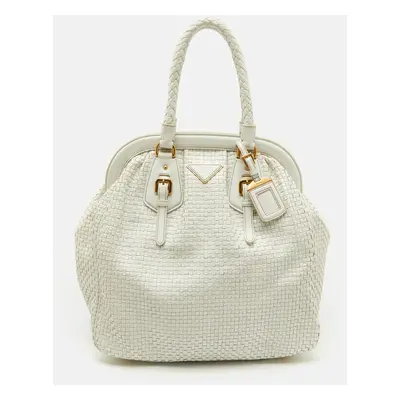 Prada White Woven Leather Madras Frame Satchel