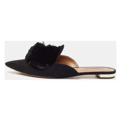 Aquazzura Black Suede Powder Puff Flat Sandals Size 39.5