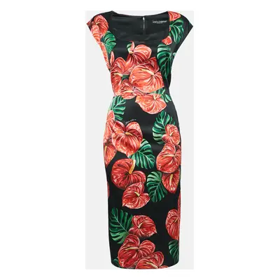 Dolce & Gabbana Black Anthurium Print Satin Silk Midi Dress