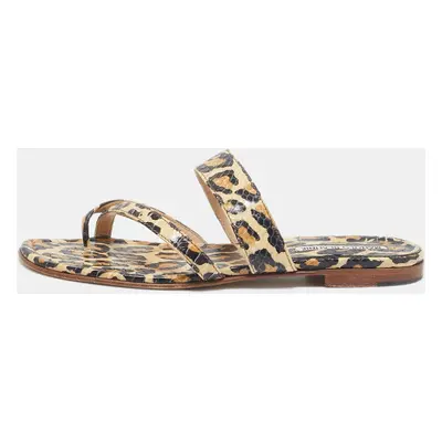 Manolo Blahnik Brown Leopard Pint Python Leather Thong Flat Slides Size