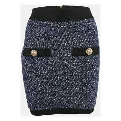 Balmain Blue Metallic Tweed Sequin Embellished Mini Skirt