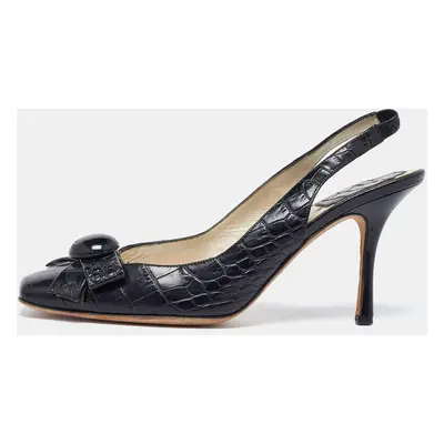 Dior Black Croc Embossed Leather Slingback Pumps Size 37.5