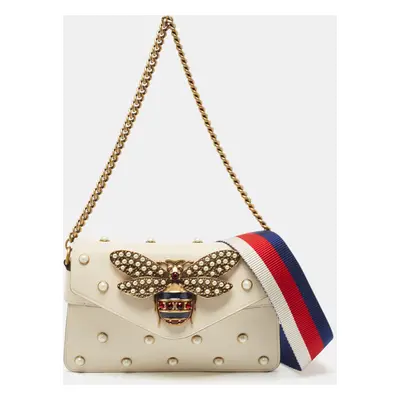 Gucci Off White Leather Broadway Pearly Bee Shoulder Bag