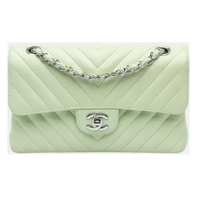 Chanel Green Small Classic Chevron Lambskin Double Flap