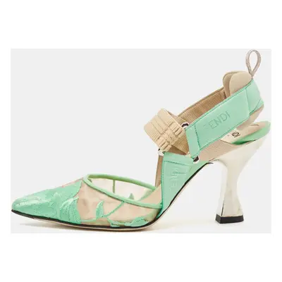 Fendi Green Embroidery Mesh and Fabric Colibri Slingback Pumps Size