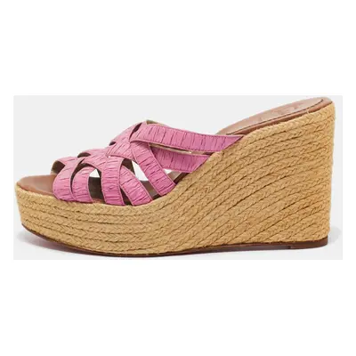 Christian Louboutin Pink Pleated Fabric Espadrille Wedge Slide Sandals Size