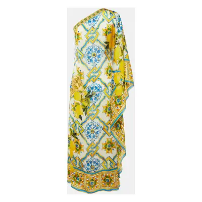 Dolce & Gabbana White Majolica Lemon Print Silk One Shoulder Dress