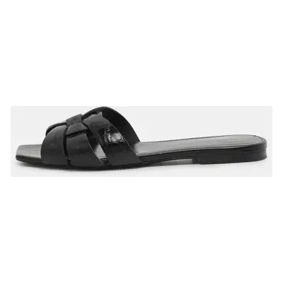 Saint Laurent Black Croc Embossed Leather Tribute Slide Sandals Size