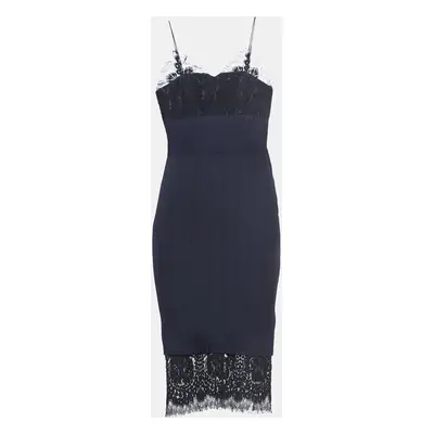 Victoria Beckham Navy Blue Pinstriped Wool Lace-Trimmed Midi Dress