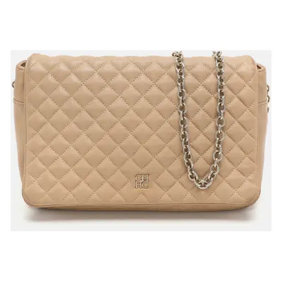 CH Carolina Herrera Beige Quilted Leather Flap Shoulder Bag