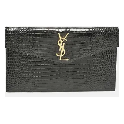 Saint Laurent Black Croc Embossed Leather Uptown Clutch