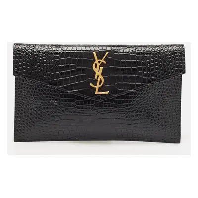 Saint Laurent Black Croc Embossed Leather Uptown Envelope Clutch