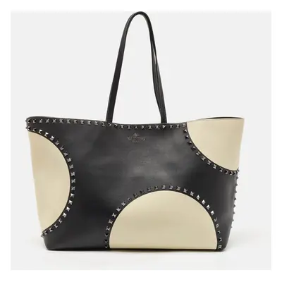 Valentino Black/Ivory Leather Rockstud Shopper Tote