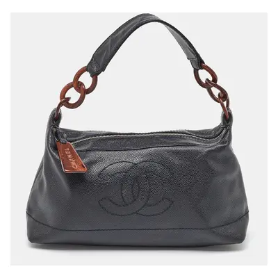 Chanel Black Leather Vintage CC Wood Chain Shoulder Bag