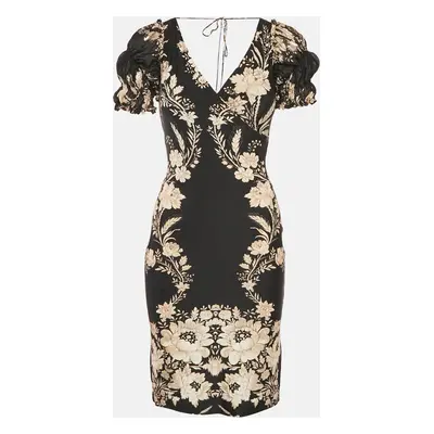 Roberto Cavalli Black Floral Print Jersey Ruffled Mini Dress