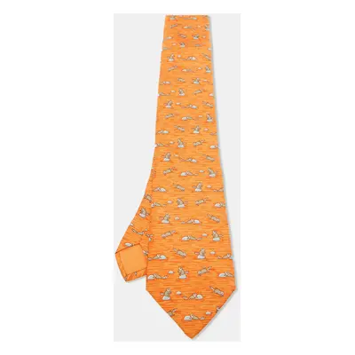 Hermes Orange Raccoon Print Silk Tie