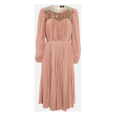 Elisabetta Franchi Pink Embellished Lurex Knit Plisse Midi Dress