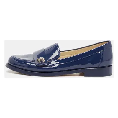 Chanel Blue Patent Leather CC Logo Slip On Loafers Size