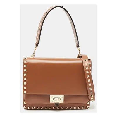 Valentino Brown Leather Rockstud Top Handle Bag