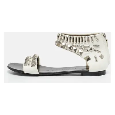 Giuseppe Zanotti White Leather Studded Ankle Cuff Zipper Flats Size 37.5