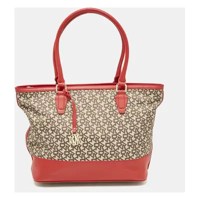 DKNY Red/Beige Signature Canvas and Leather Zip Tote