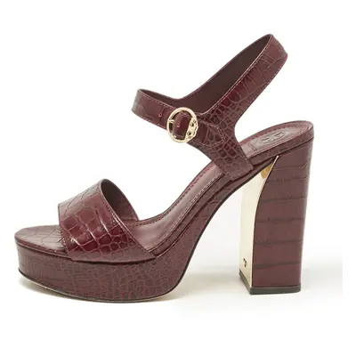 Tory Burch Burgundy Croc Embossed Leather Martine Platform Sandals Size