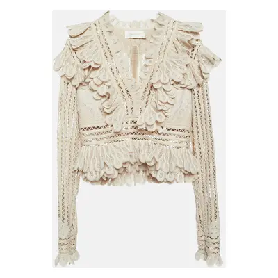 Zimmermann Beige Wool Blend Lace Ruffled V-Neck Top