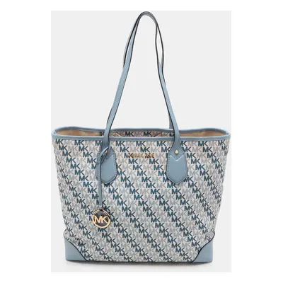 Michael Kors Light Blue/White Signature Coated Canvas and Leather Large Eva Tote