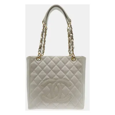 Chanel Caviar Skin White Seal PST Chain Tote Bag