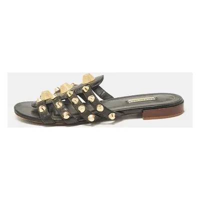 Balenciaga Black Leather Studded Arena Flat Slides Size