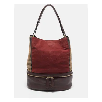 Burberry Burgundy/Beige House Check Canvas and Leather Beckett Bucket Bag