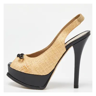 Fendi Yellow Beige/Black Woven Raffia and Patent Leather Fendista Bow Slingback Pumps Size