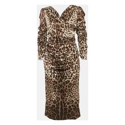 Dolce & Gabbana Brown Animal Print Silk Ruched Midi Dress