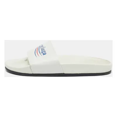 Balenciaga White Leather Political Logo Pool Slides Size