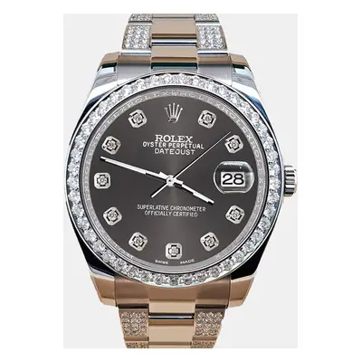 Rolex Custom Rhodium Grey 5ct Diamond Stainless Steel Datejust II Automatic Men's Wristwatch mm