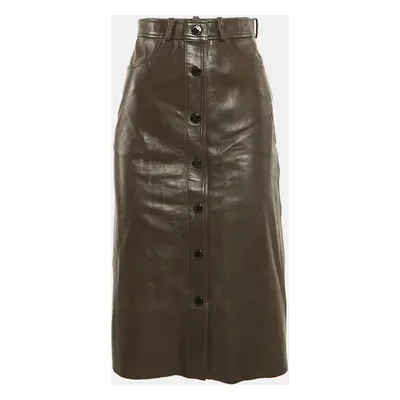 Sandro Brown Leather Buttoned Midi Skirt