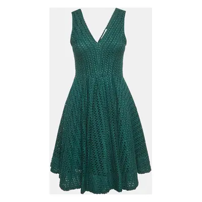 Sandro Green Crochet V-Neck Fit and Flare Mini Dress