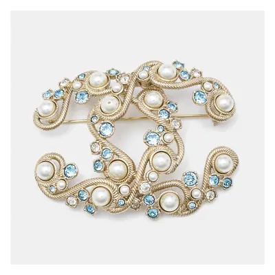 Chanel CC Faux Pearl Crystal Gold Tone Brooch