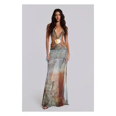 Vida Backless Maxi Dress With Shell Trim in Marine