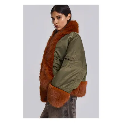 Evren Faux Fur Bomber Jacket in Khaki