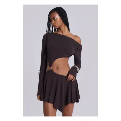 Dera Asymmetric Cut Out Mini Dress in Brown