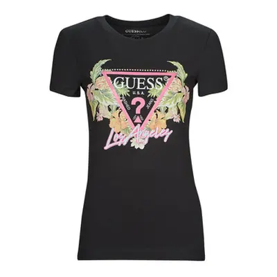 Guess SS CN TRIANGLE FLOWERS TEE women's T shirt in Black