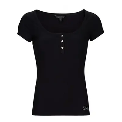 Guess ES SS KARLEE JEWEL BTN HENLEY women's T shirt in Black