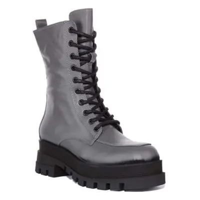 Justinreess England Womens Ladies Leather Lace up Cleated Zip Hiking Boots women's Boots in Grey