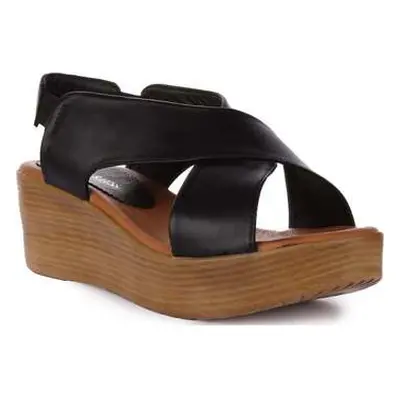 Justinreess England Womens Leather Comfort Wedge Black Leather Sandals Elastic Back women's Sand