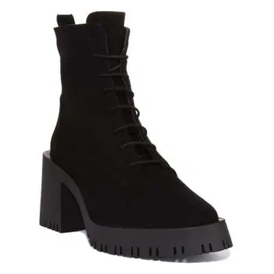 Justinreess England Womens Ladies Cleated Lace up Hiker Black Suede Leather Boots women's Boots 