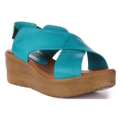 Justinreess England Womens Open Toe Wedge Sandal Back Elastic Turquoise Leather women's Sandals 