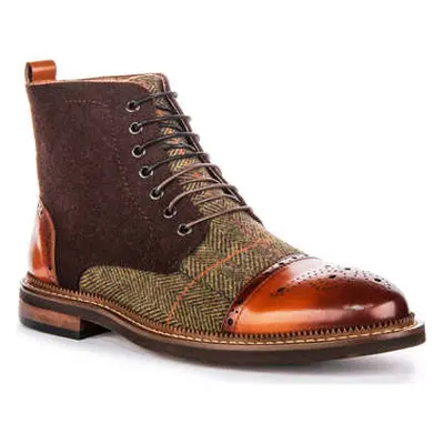 Justinreess England Justinreess Mens Lace up Rugged Sole Brown Leather Tweed Boots men's Boots i